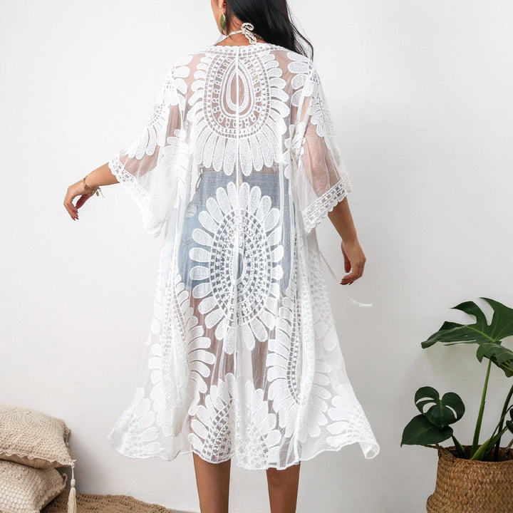 Women’s Kimono Cover-Up – Sheer Mesh – Lace Trim – Relaxed Fit – Midi Length – Front Tie