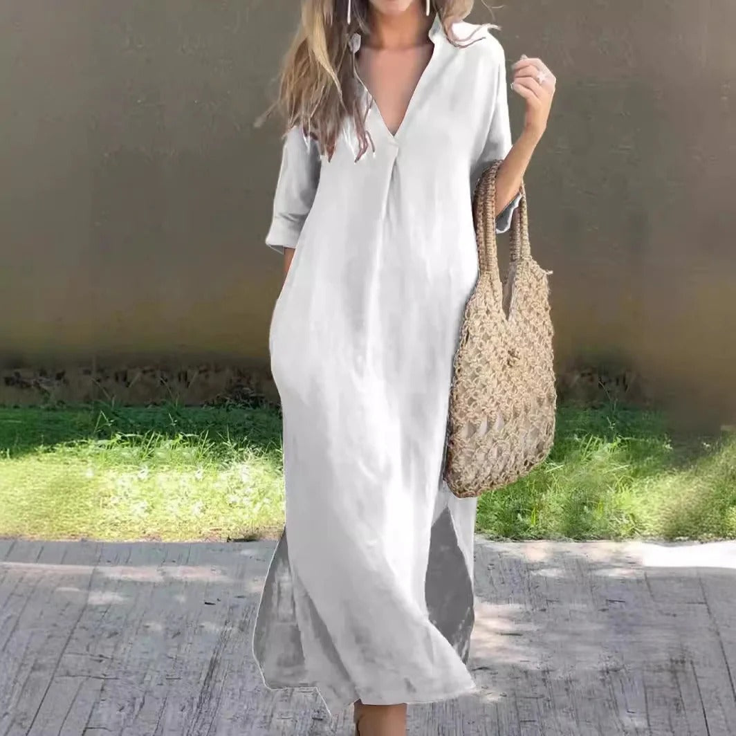 Women’s Maxi Dress – Relaxed Fit – V-Neck – Half Sleeve – Cotton Blend