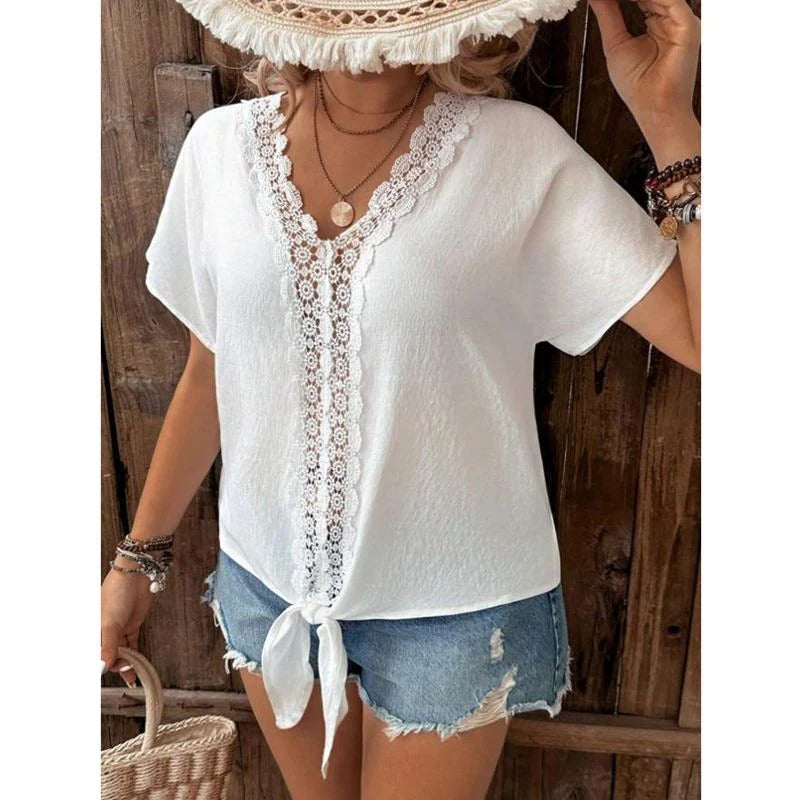 Women’s V-Neck Shirt – Relaxed Fit – Lace Trim – Front Tie Hem – Soft Fabric Blend