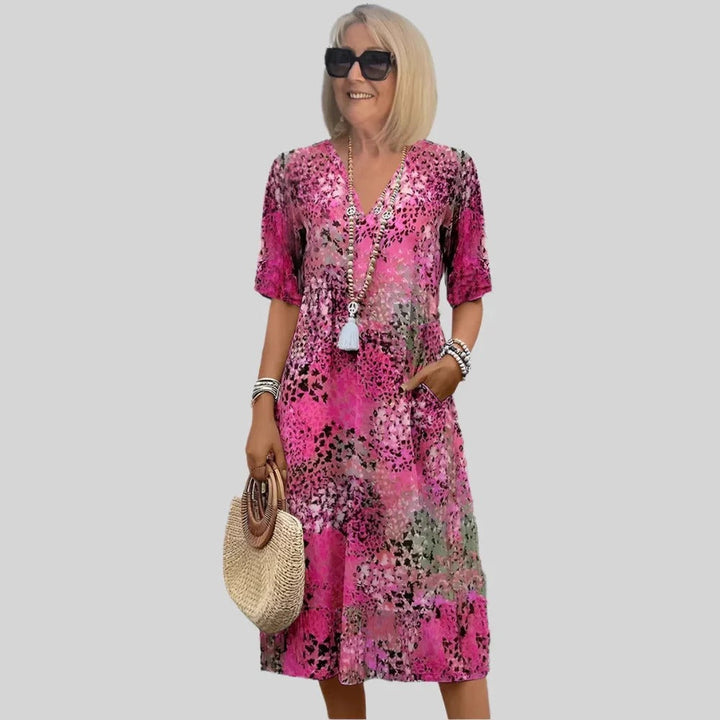 Women’s Midi Dress – Relaxed Fit – V-Neck – Short Sleeve – with Pockets