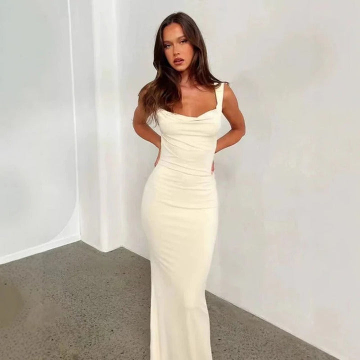 Women’s Evening Dress – Slim Fit – Sculpted Waist – Cowl Neck – Draped Bust – Full Length