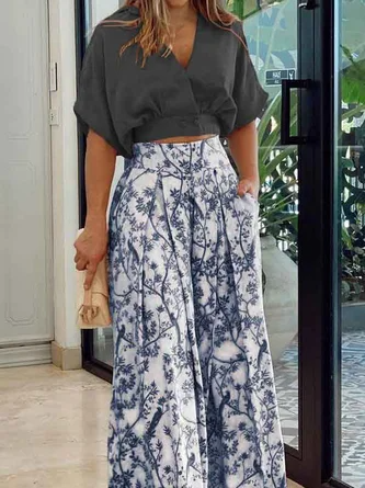 Women’s Two-Piece Set – Relaxed Fit Top with Dolman Sleeves – High-Waisted Wide-Leg Pants – Breathable Blend