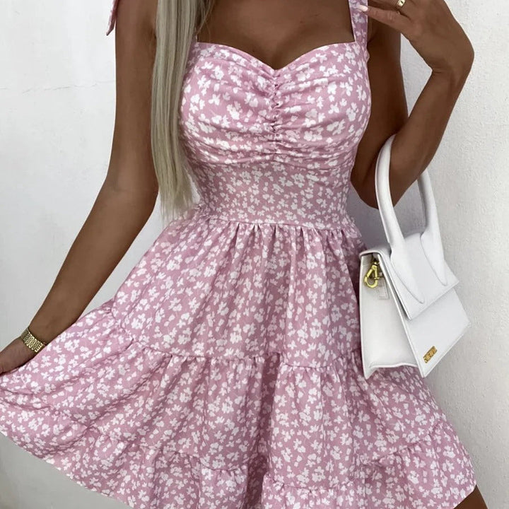 Women’s Mini Dress – Strapless A-Line Fit – Floral Ruffle Skirt – Cotton