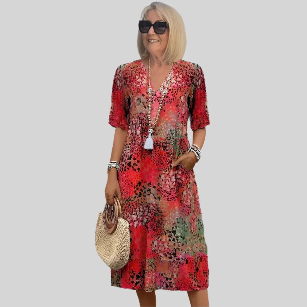 Women’s Midi Dress – Relaxed Fit – V-Neck – Short Sleeve – with Pockets