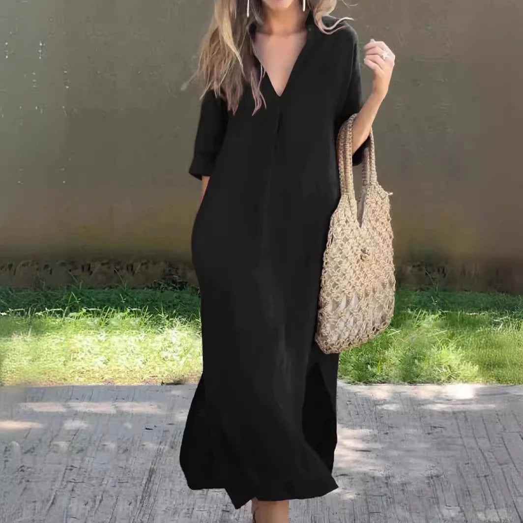 Women’s Maxi Dress – Relaxed Fit – V-Neck – Half Sleeve – Cotton Blend