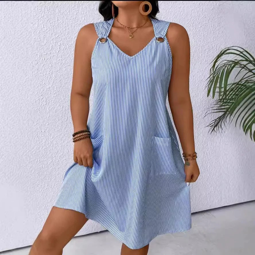 Women’s A-Line Dress – V-Neck – Soft Blend – Knee Length – Pocket Detail – Shoulder Ring Trim