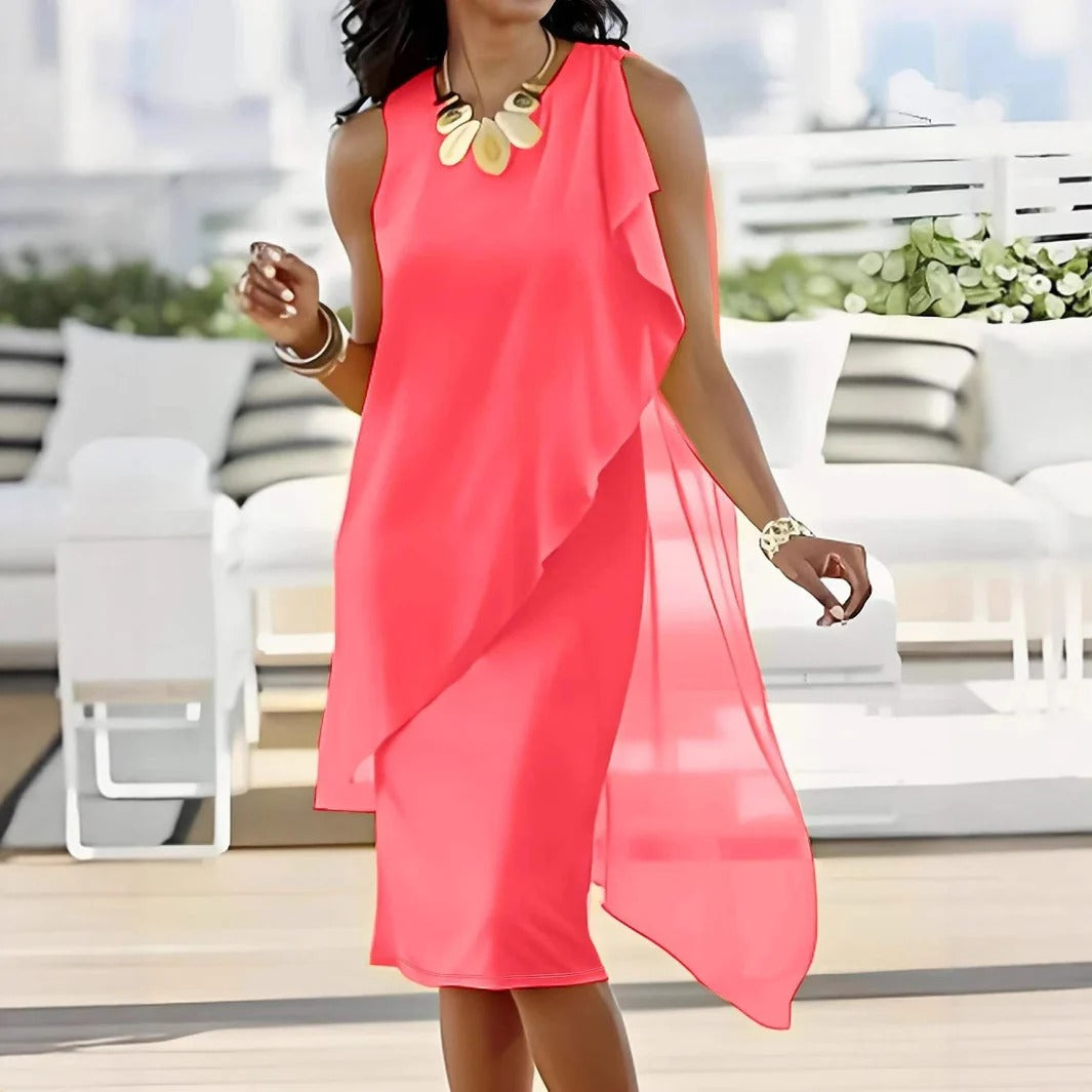 Women’s Evening Dress – Asymmetrical Hem – Sleeveless – Flowing Fit