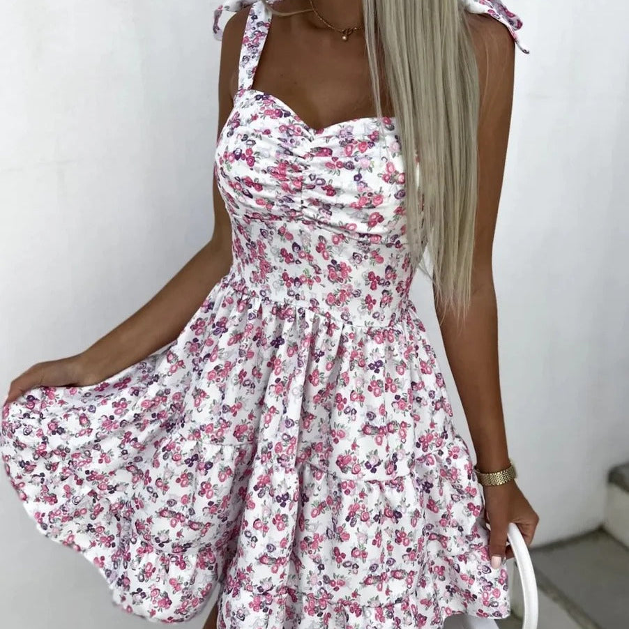 Women’s Mini Dress – Strapless A-Line Fit – Floral Ruffle Skirt – Cotton