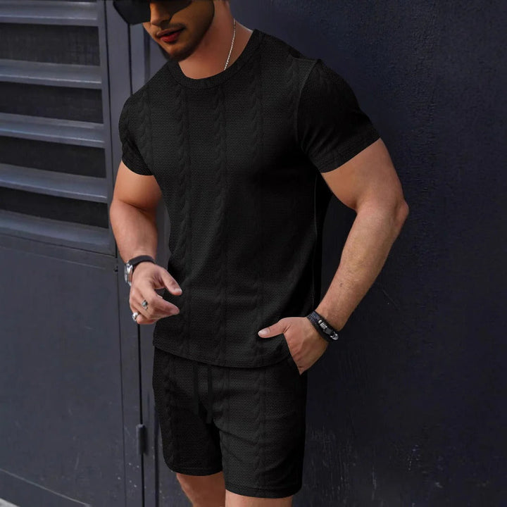 Men’s T-Shirt and Shorts Set – Textured Knit – Regular Fit – Crew Neck – Drawstring Waist