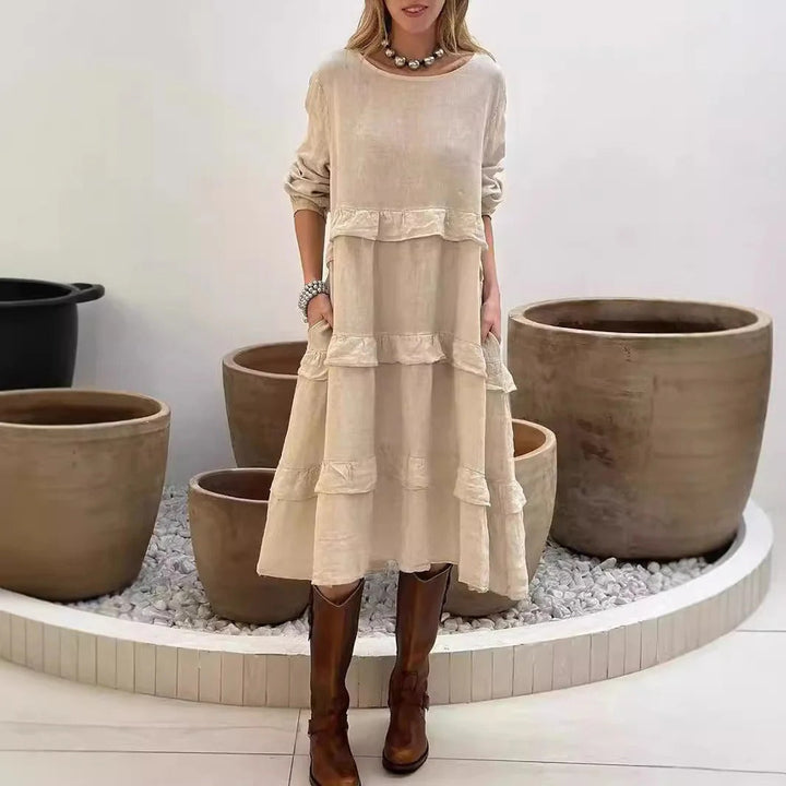 Women’s Maxi Dress – Linen – A-Line Relaxed Fit – Ruffled Long Sleeve Modest Style