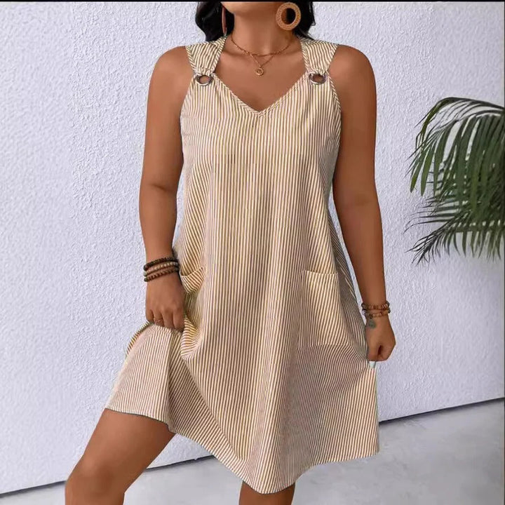 Women’s A-Line Dress – V-Neck – Soft Blend – Knee Length – Pocket Detail – Shoulder Ring Trim