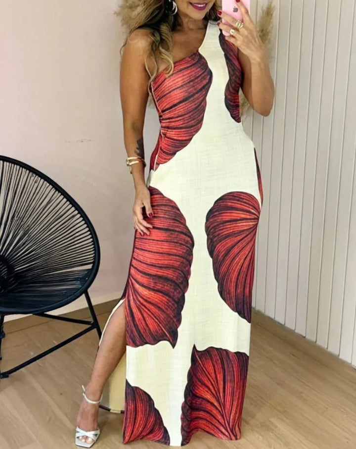 Women’s Maxi Dress - Slim Fit - High Neck - Sleeveless - Leaf Print - Side Slit