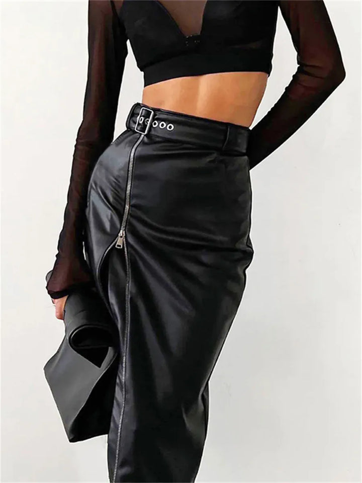 Women’s Pencil Skirt - High Waist Slim Fit - Faux Leather - Front Zip with Belt Detail