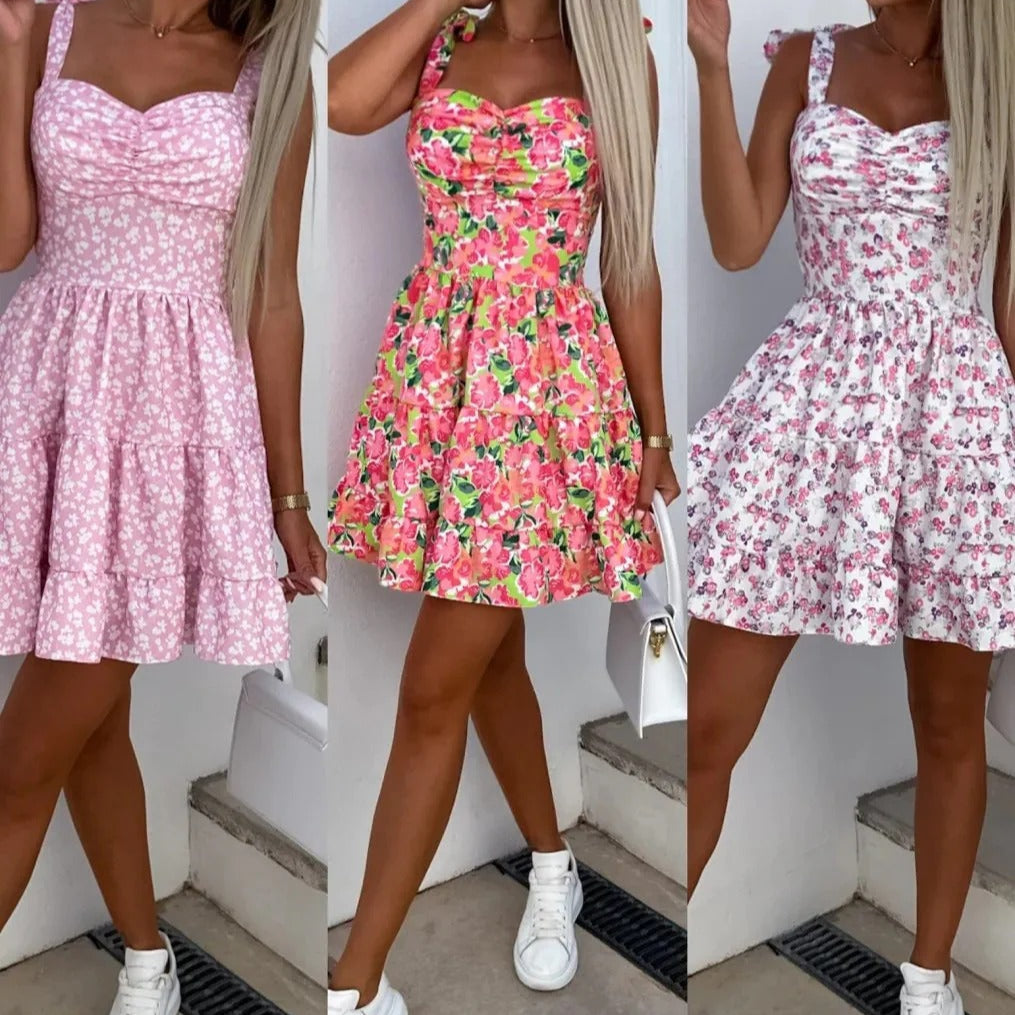 Women’s Mini Dress – Strapless A-Line Fit – Floral Ruffle Skirt – Cotton