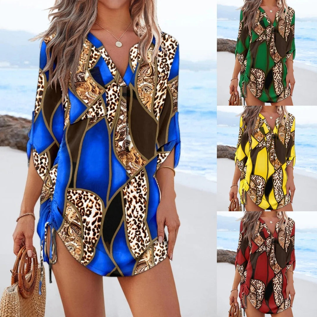 Women’s Beach Dress – Flowy Fit – V-Neck – 3/4 Sleeve – Adjustable Ruched Sides