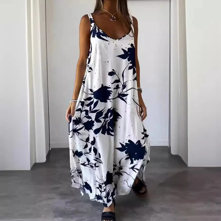 Women’s Maxi Dress – Deep V-Neck – Relaxed Fit – Lightweight Fabric – Floral Print
