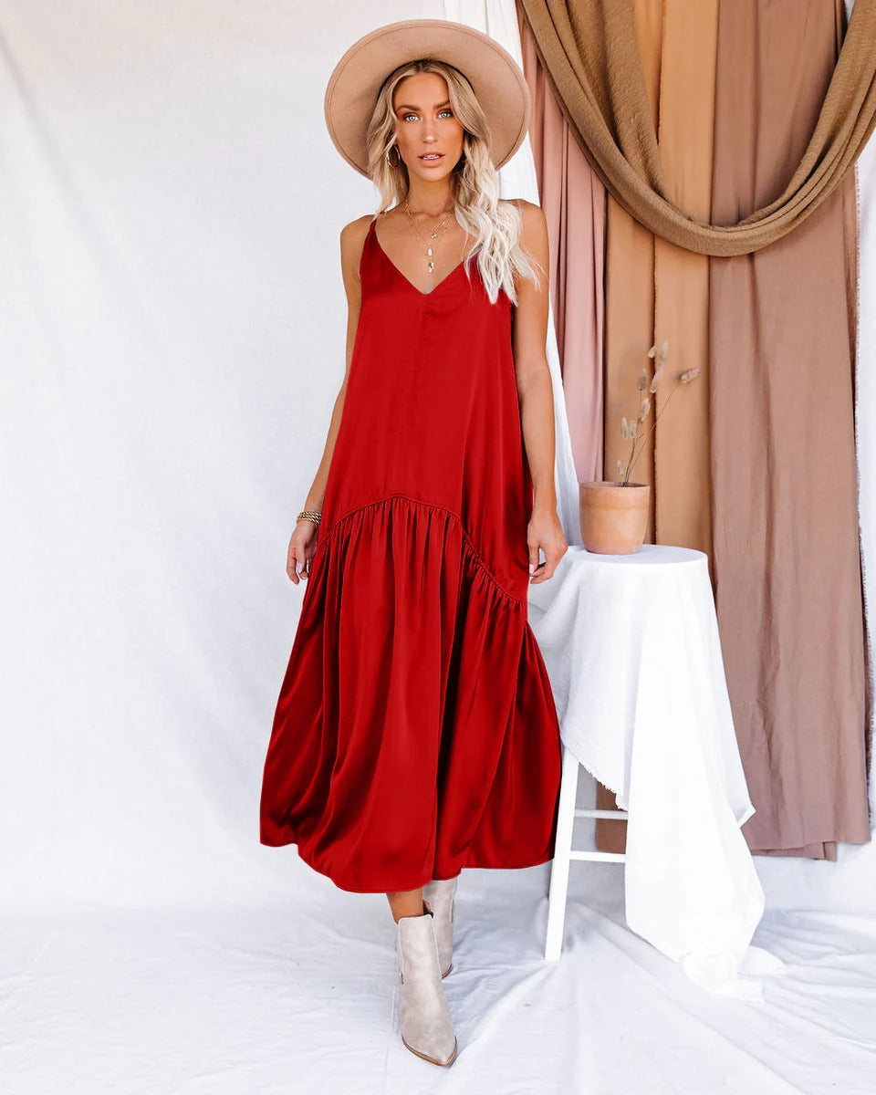 Women’s Maxi Dress – Flowing Fit – V-Neck – Sleeveless – Ruffle Detail – Elegant Style
