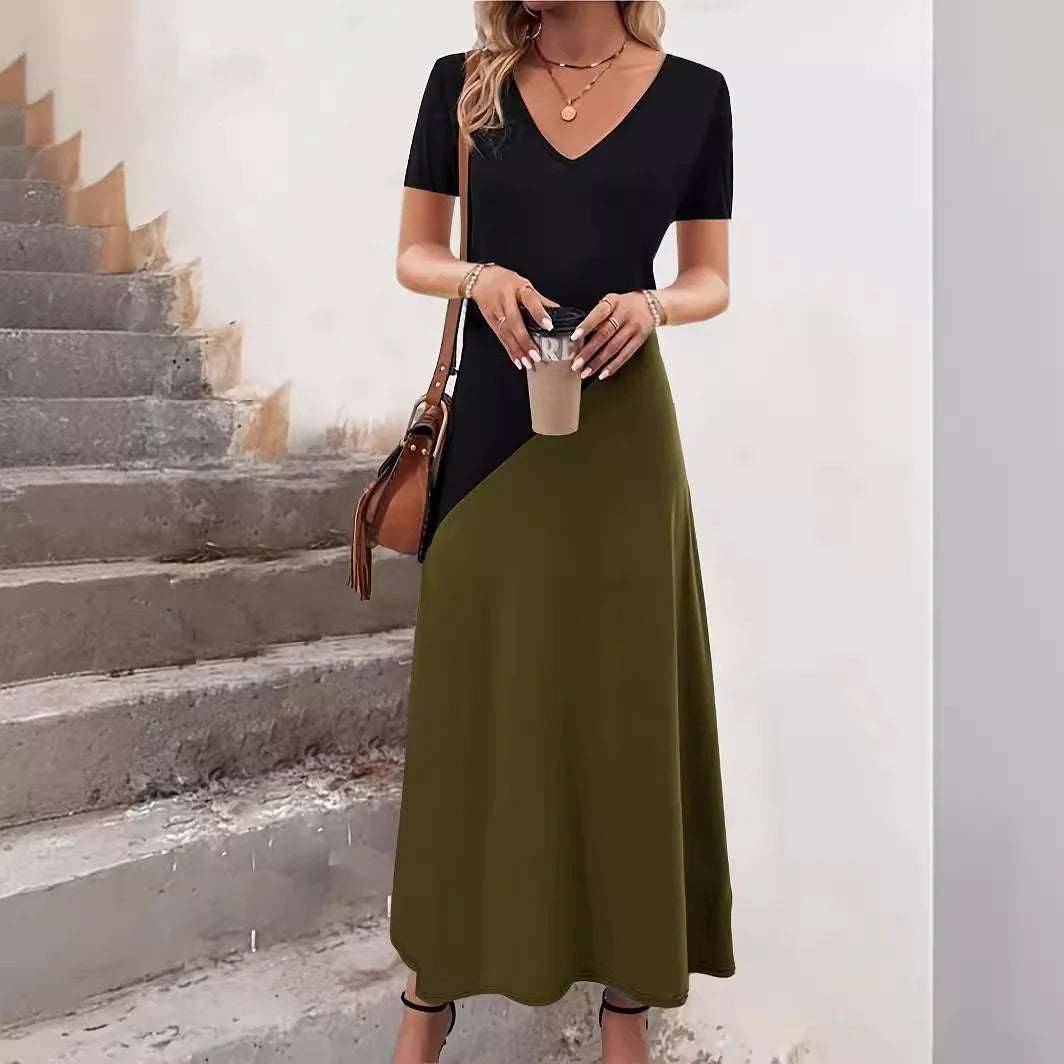 Women’s Maxi Dress – Fitted Bodice – V-Neck – Color Block – Flowing Silhouette – Short Sleeve