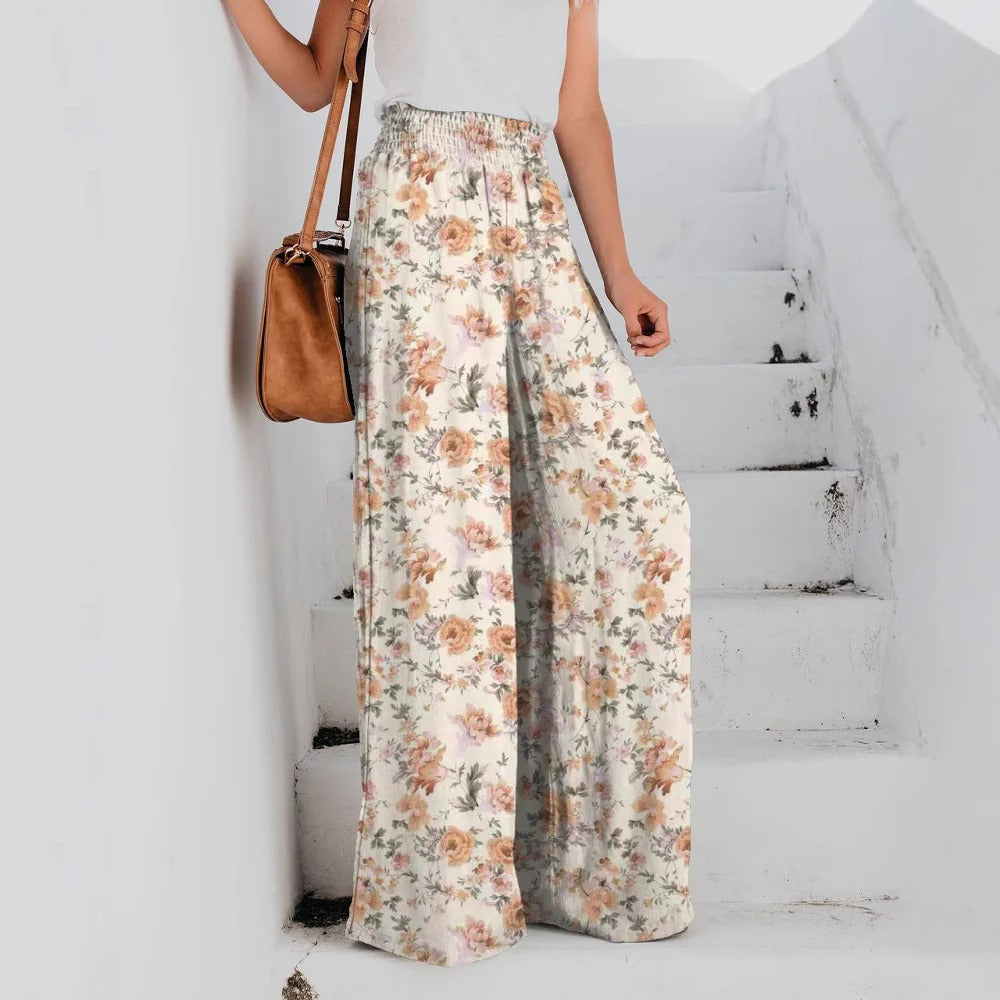 Women’s Wide-Leg Trousers – Relaxed Fit – Elastic Waist – Breathable Cotton Blend – Floral Print