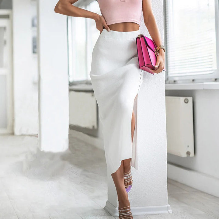 Women’s Maxi Skirt – Ribbed Knit – Slim Fit – Front Slit – Button Accent