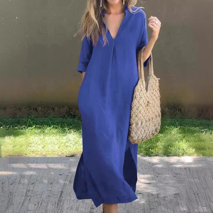 Women’s Maxi Dress – Relaxed Fit – V-Neck – Half Sleeve – Cotton Blend