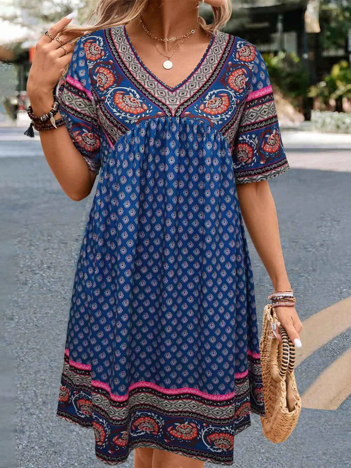 Women’s Casual Dress - Relaxed Fit - A-Line Silhouette - V-Neck - Cotton Feel - Ethnic Print
