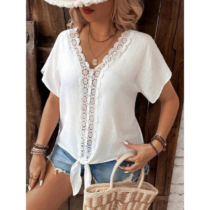 Women’s V-Neck Shirt – Relaxed Fit – Lace Trim – Front Tie Hem – Soft Fabric Blend