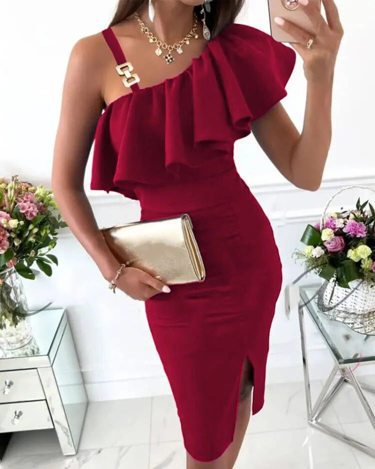Women’s Midi Dress – Satin Finish – Slim Fit – Ruffle Front – Statement Straps – Side Slit