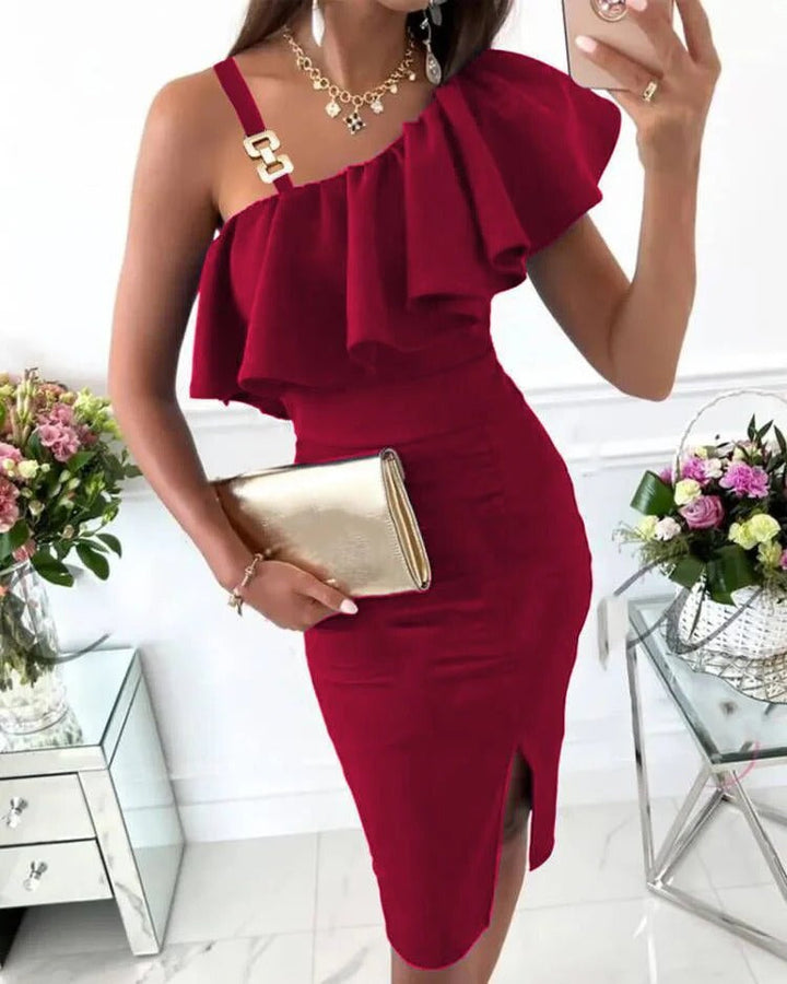 Women’s Midi Dress – Satin Finish – Slim Fit – Ruffle Front – Statement Straps – Side Slit