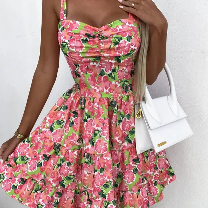 Women’s Mini Dress – Strapless A-Line Fit – Floral Ruffle Skirt – Cotton