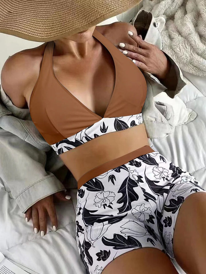 Women’s Bikini Set – Halter Top – High-Waisted Shorts – Stretch Fit – Seamless Design