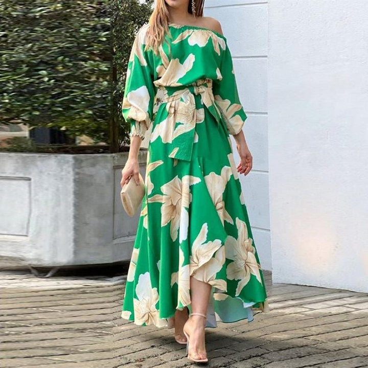Women’s Maxi Dress – Flowing Fit – Puff Sleeves – Off-Shoulder – Waist Tie – Asymmetrical Hem