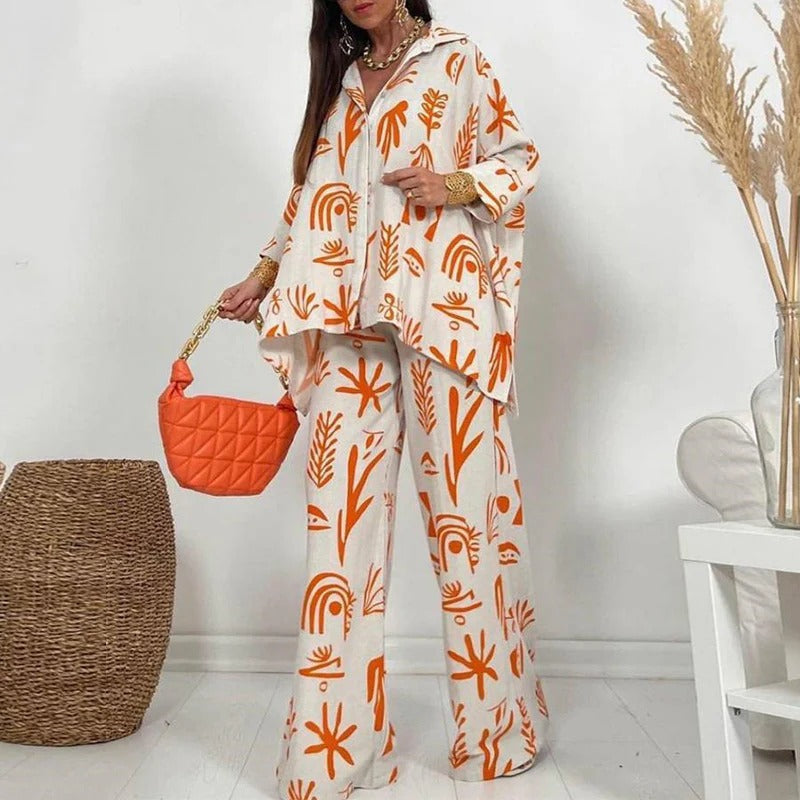 Women’s Two-Piece Set – Relaxed Fit – Breathable Fabric – Wide-Leg Pants – Button-Down Top