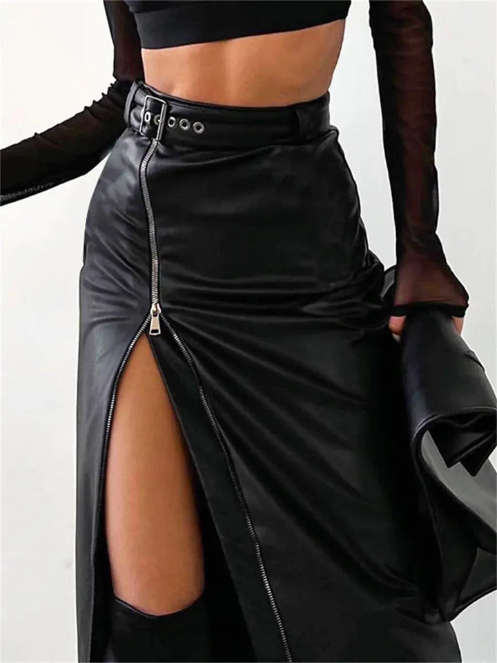 Women’s Pencil Skirt - High Waist Slim Fit - Faux Leather - Front Zip with Belt Detail