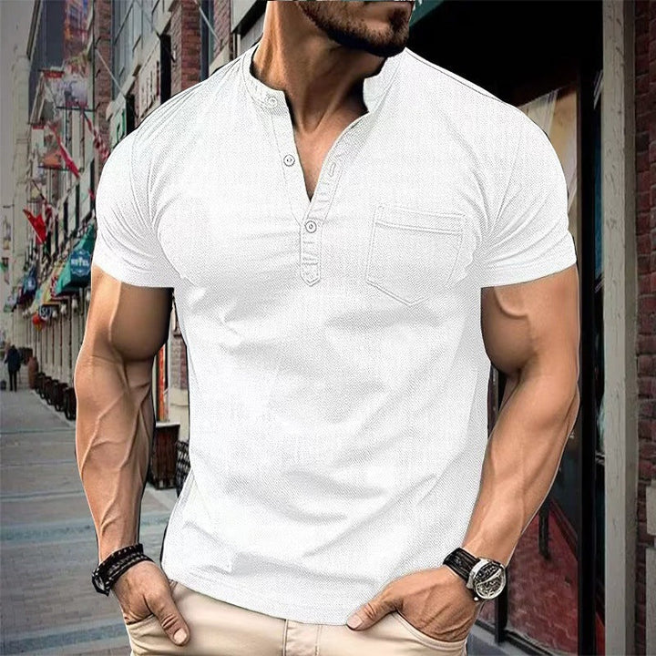 Men’s Short Sleeve Shirt – Slim Fit – Cotton – Standing Collar – Chest Pocket