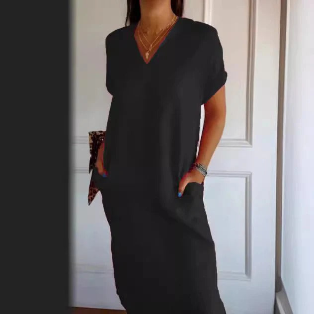 Women’s Maxi Dress - Soft Cotton Feel - Relaxed Fit - V-Neck - Short Sleeve - With Pockets