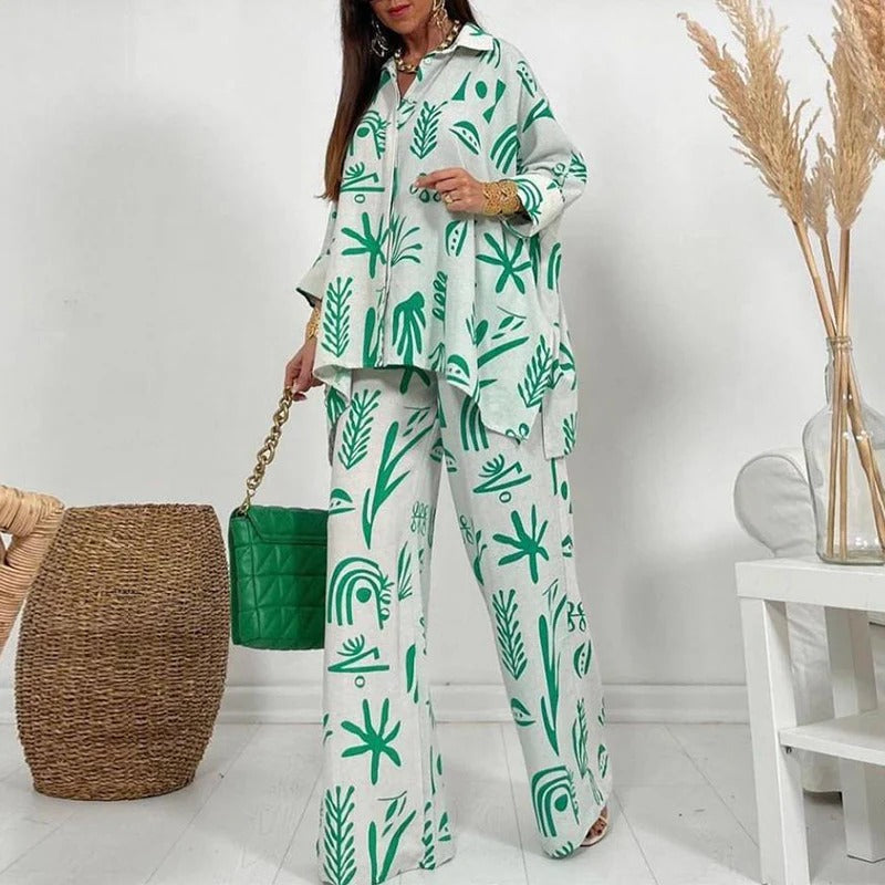 Women’s Two-Piece Set – Relaxed Fit – Breathable Fabric – Wide-Leg Pants – Button-Down Top