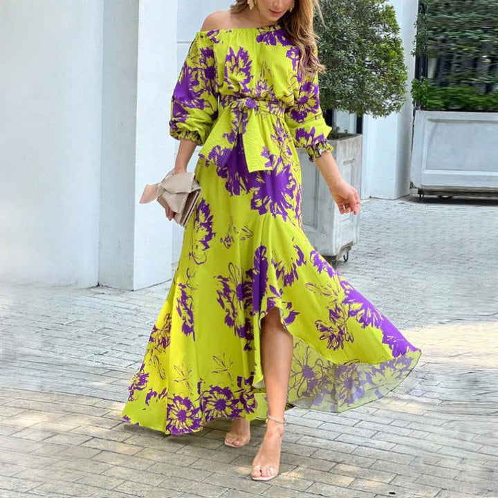 Women’s Maxi Dress – Flowing Fit – Puff Sleeves – Off-Shoulder – Waist Tie – Asymmetrical Hem