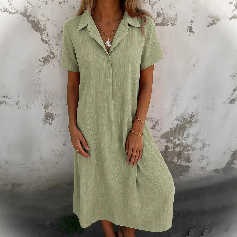 Women’s Shirt Dress – Relaxed Fit – Cotton – Midi Length – Short Sleeve – Collared