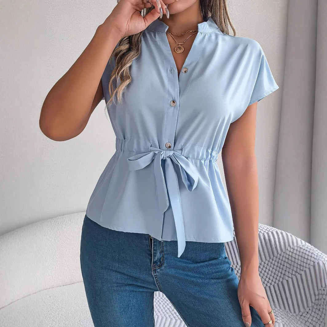 Women’s Blouse – Tailored Fit – Natural Fabric – Waist Tie – Button Front – Short Sleeve