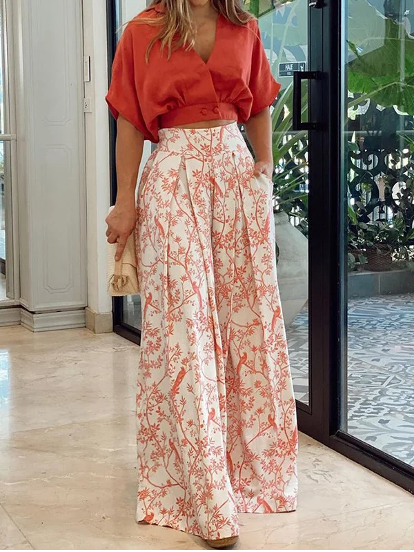 Women’s Two-Piece Set – Relaxed Fit Top with Dolman Sleeves – High-Waisted Wide-Leg Pants – Breathable Blend
