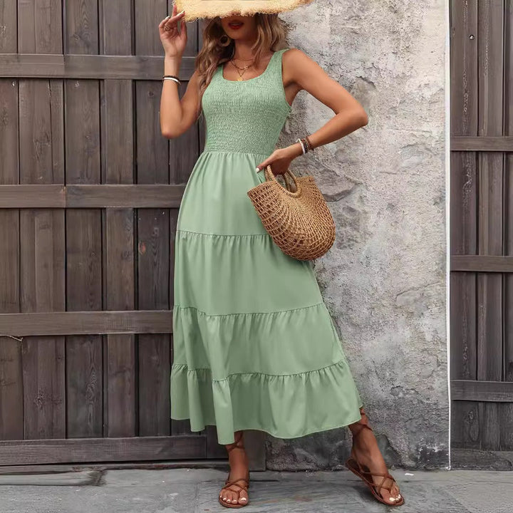 Women’s Suspender Dress - Smocked Bodice - A-Line Fit - Tiered Pleated Midi Skirt