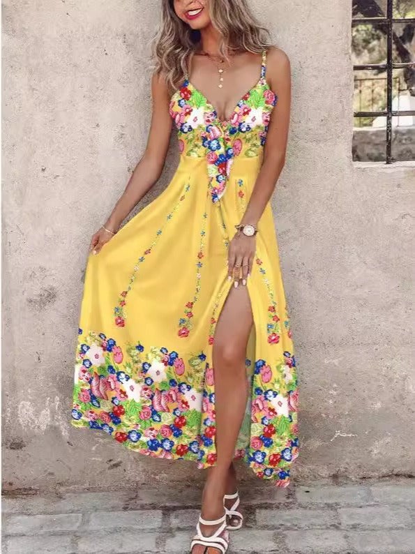 Women’s Maxi Dress – A-Line Fit – Spaghetti Straps – V-Neck – Floral Print – Front Slit