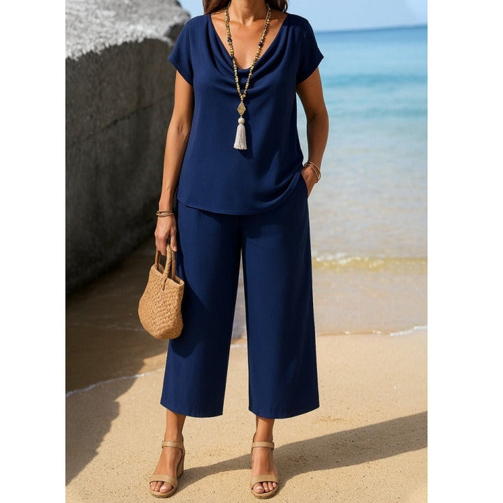 Women’s Two-Piece Set – Relaxed Fit – Draped Top – Wide-Leg Cropped Pants – Soft Knit