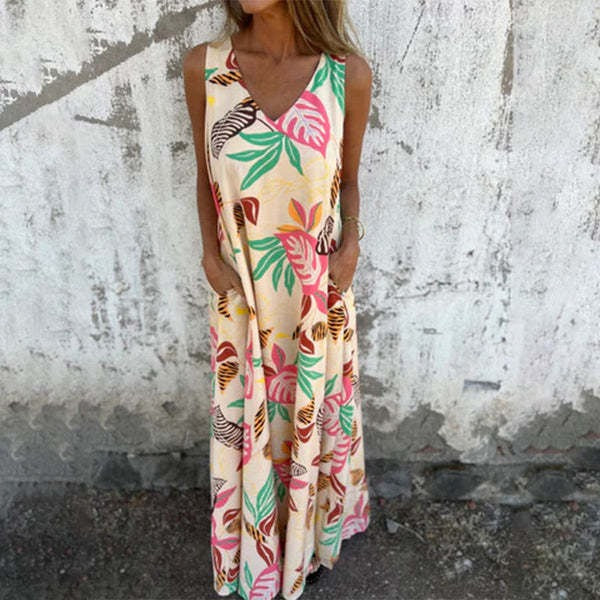 Women’s Sleeveless Dress – Relaxed Fit – V-Neck – Full Length – Cotton – Leaf Pattern