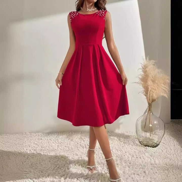 Women’s Midi Dress – Fitted Waist – A-Line Silhouette – Beaded Shoulder Detail