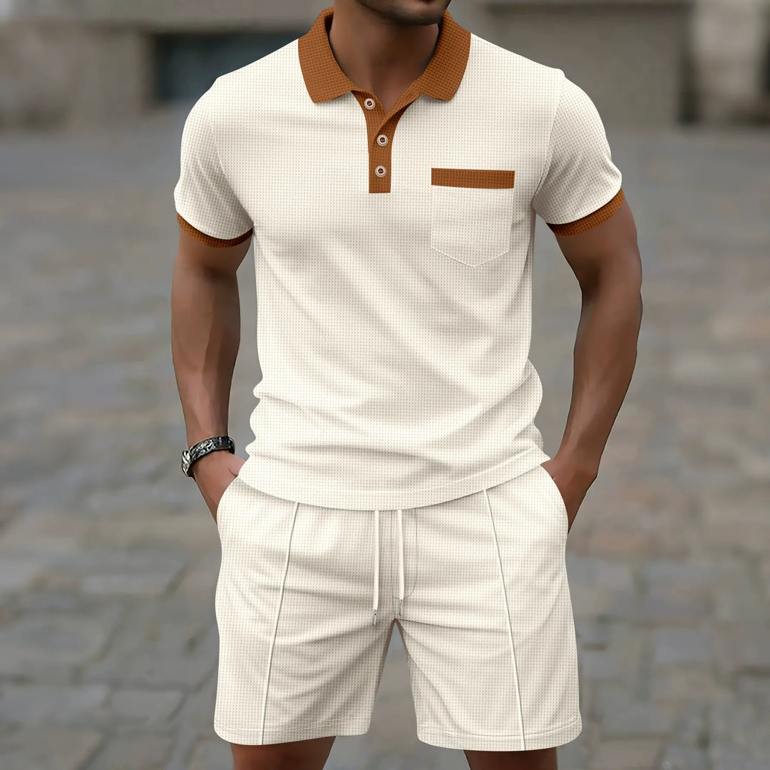 Men’s Polo Shirt and Shorts Set - Slim Fit - Half Button - Chest Pocket