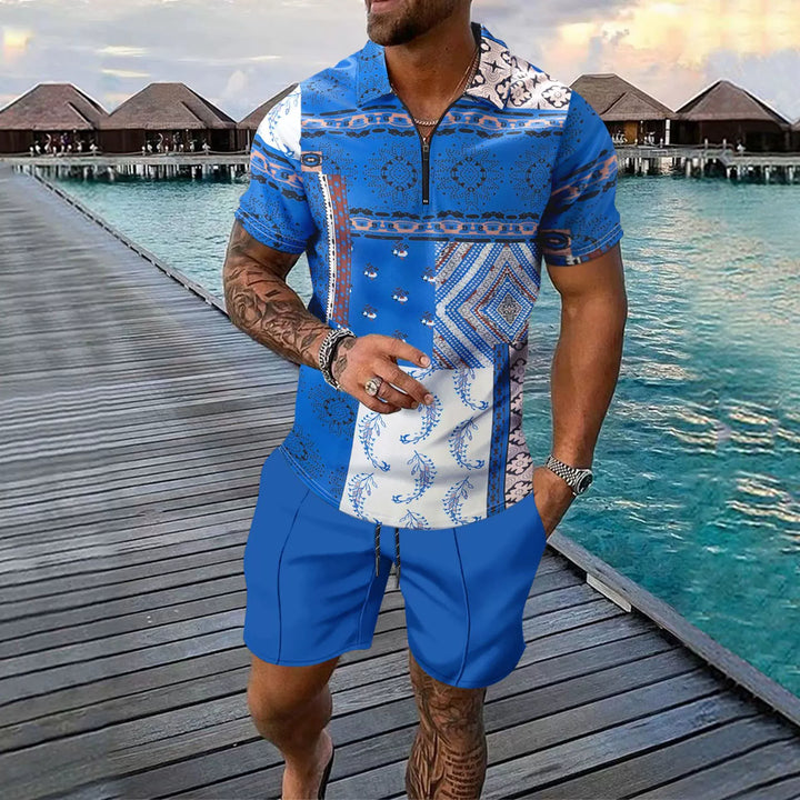Men’s Casual Set – Slim Fit Zip Polo Shirt & Knee-Length Shorts – Digital Print