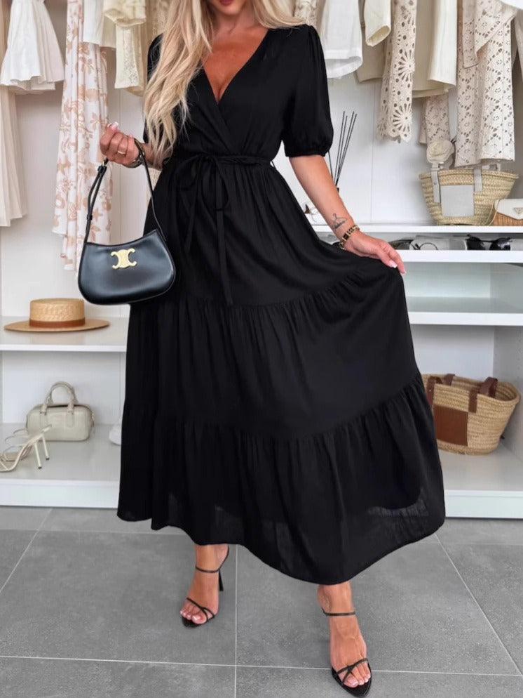 Women’s V-Neck Dress – Flowing A-Line – Wrap Front – Puff Sleeve – Belted Waist