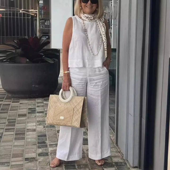 Women’s Two-Piece Set – Relaxed Fit – Cotton Linen – Sleeveless Top – Wide-Leg Pants